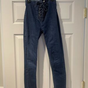 High-Waisted Lace-Up Denim Jeans